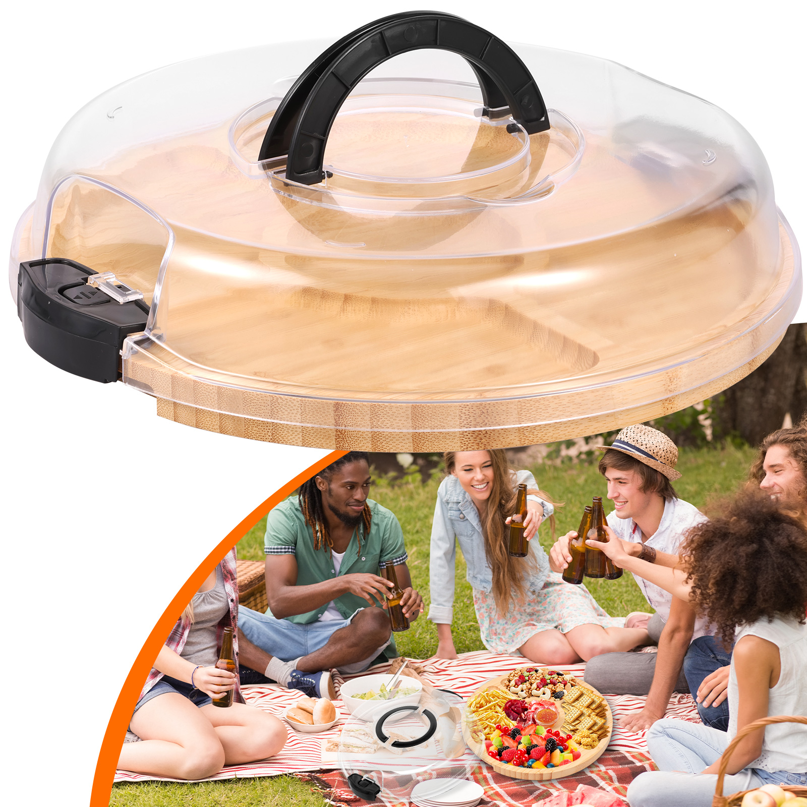 Ihvewuo Cheese Board Covered Fruits Platter Serving Tray Round Charcuterie Board with Lid Large Capacity Divided Design for Party Picnic Camping