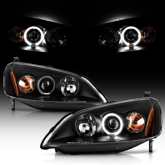 For Black 2001-2003 Honda Civic 2/4Dr Dual Halo Projector Headlights Left Right