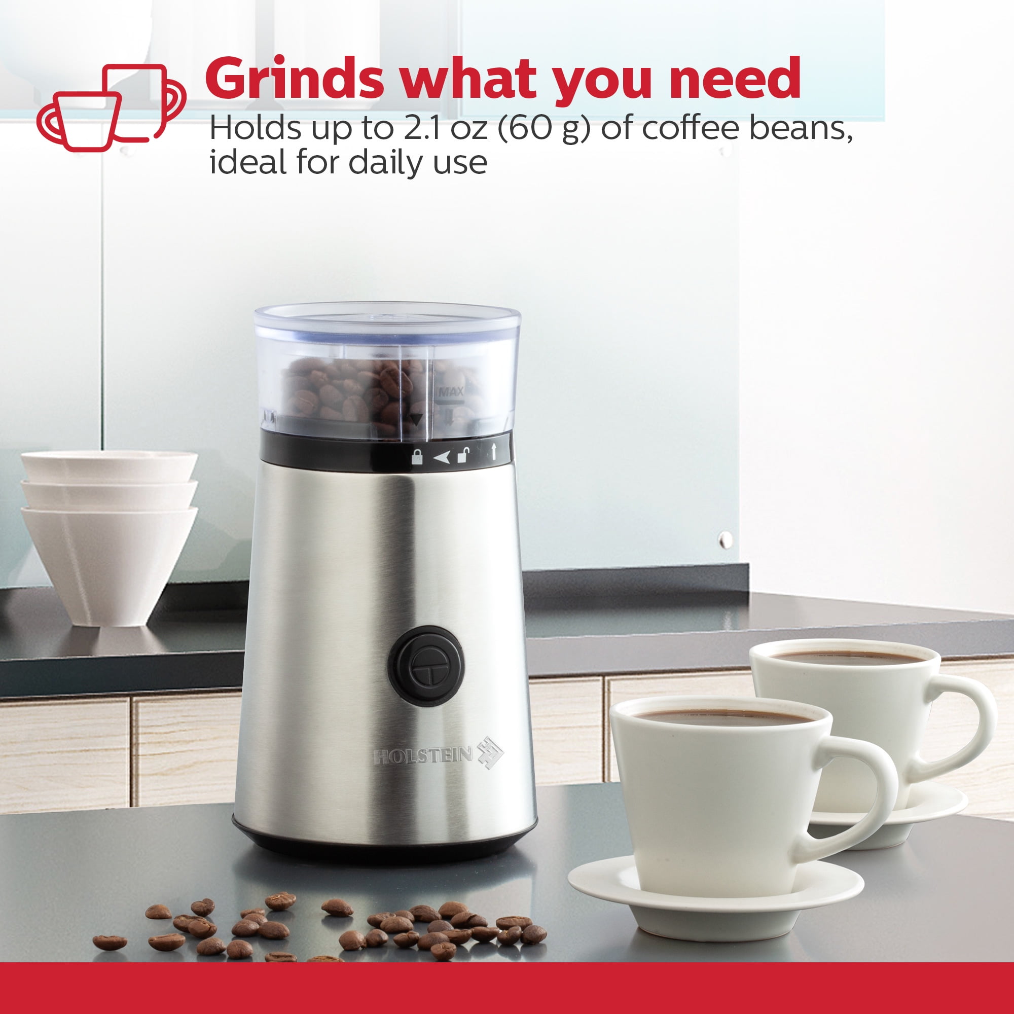 Holstein Housewares Electric Coffee Grinder Featuring a 2.1oz Capacity, Stainless Steel Blades, 150-Watt Motor for Coffee Beans, Nuts, Herbs, Grains, and Spices pulse Function