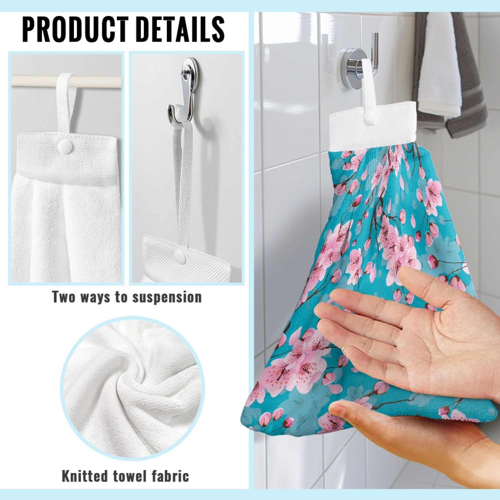 SEANATIVE Cherry Blossom Hand Towels for Bathroom Set of 3 Blue Hanging Hand Towel for Kitchen Dirty Resistant Handing Towel with Hanging Loop Portable Fingertip Towel for Hotel Travel Outdoor