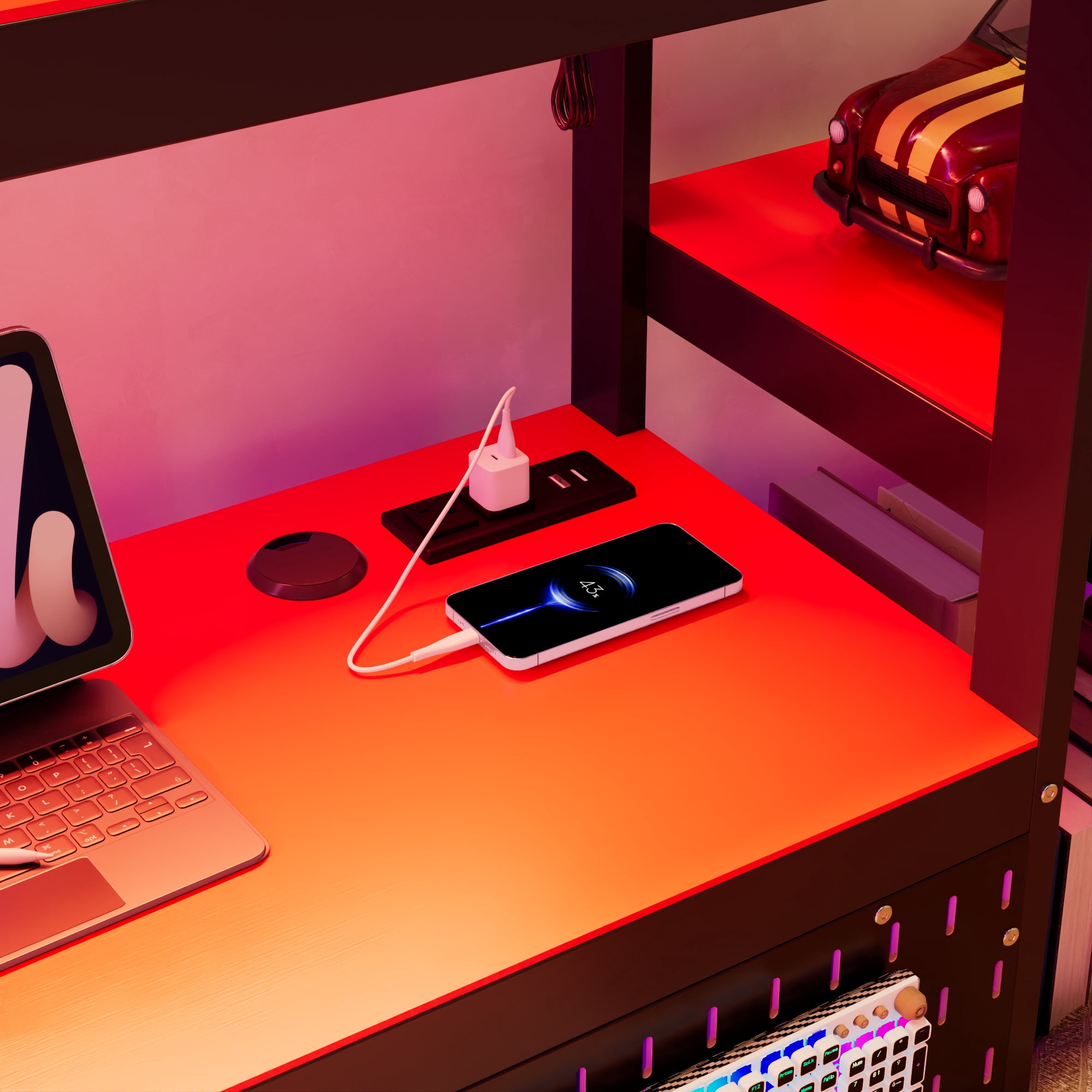 Mintazer Twin LED Gaming Daybed Storage Platform Bed with Charging Station & Integrated Desk Bookshelves and 3 Drawers for Kids Teens, Black+Red
