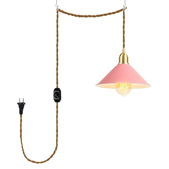 KAYYELAMP 15ft Plug in Dimmable Cord Pendant Light E26 Brass Base Pink Metal Shade Nordic Style Hanging Light Modern Decor for Kitchen Home Office 1 Pcs(No Bulb)