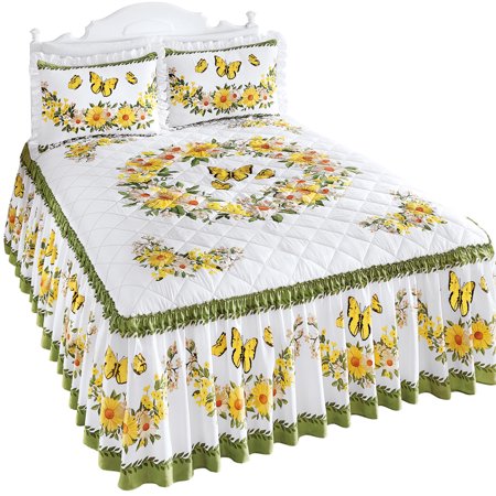 Yellow Daisy Butterfly Quilt Top Ruffled Bedspread With Green
