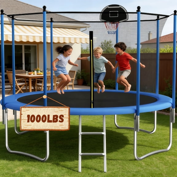 Shengchao Trade 1000LBS 12FT Trampoline for Adults and Kids,Trampoline with Enclosure,Basketball Hoop, Light,Recreational Trampoline with Ladder, Heavy Duty Trampoline Capacity for 4-6 Kids