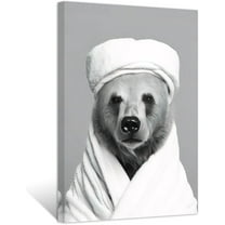 ZHONGYUTONG Funny Bathroom Wall Art Cute Bear Wearing Bathrobe Poster Black White Animal Canvas Prints for Rustic Toilet Restroom Framed (16.00" x 24.00")