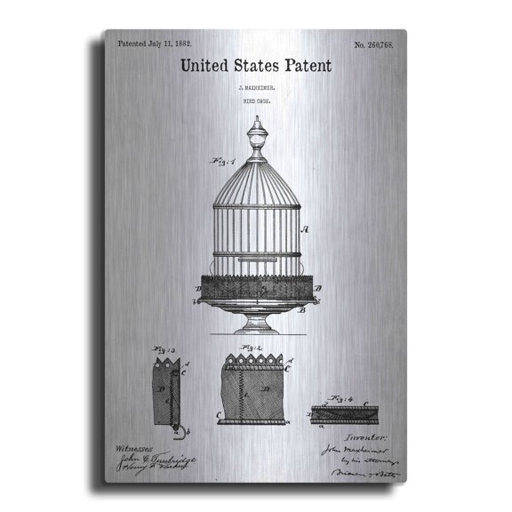 Luxe Metal Art 'Bird Cage Blueprint Patent White' Acrylic Glass Wall Art, 12"x16"