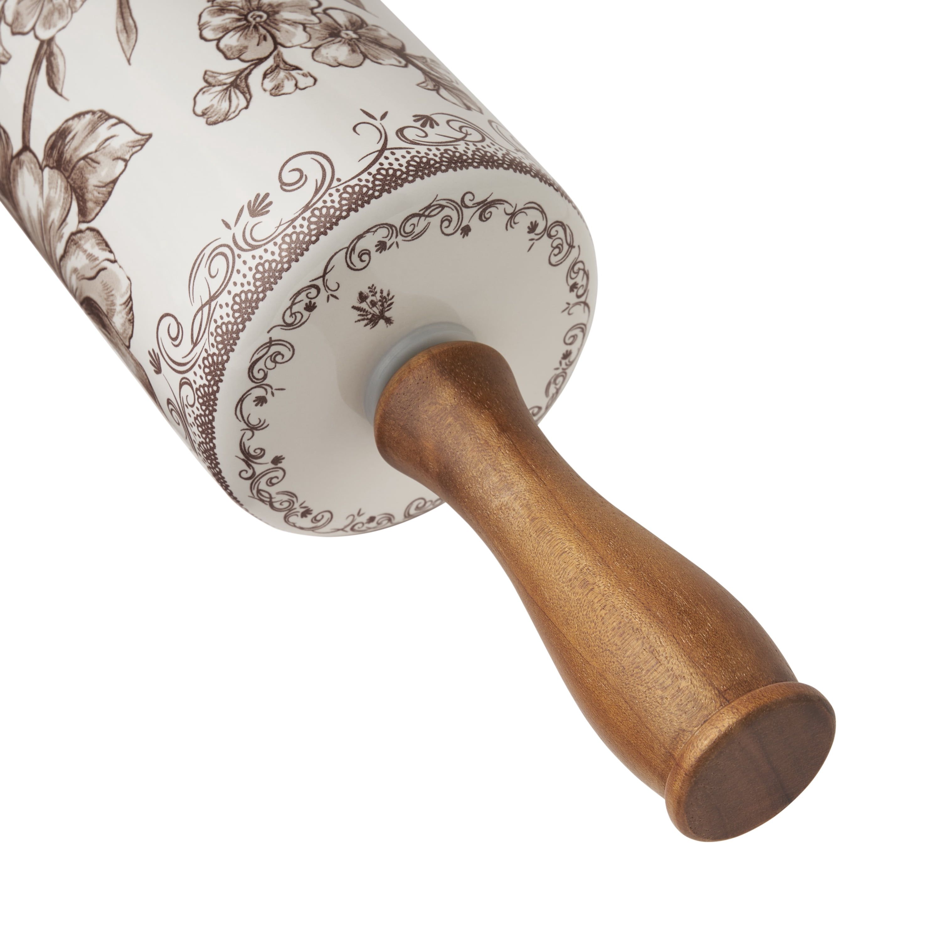 The Pioneer Woman Agatha Ceramic Rolling Pin with Wood Handles, Brown