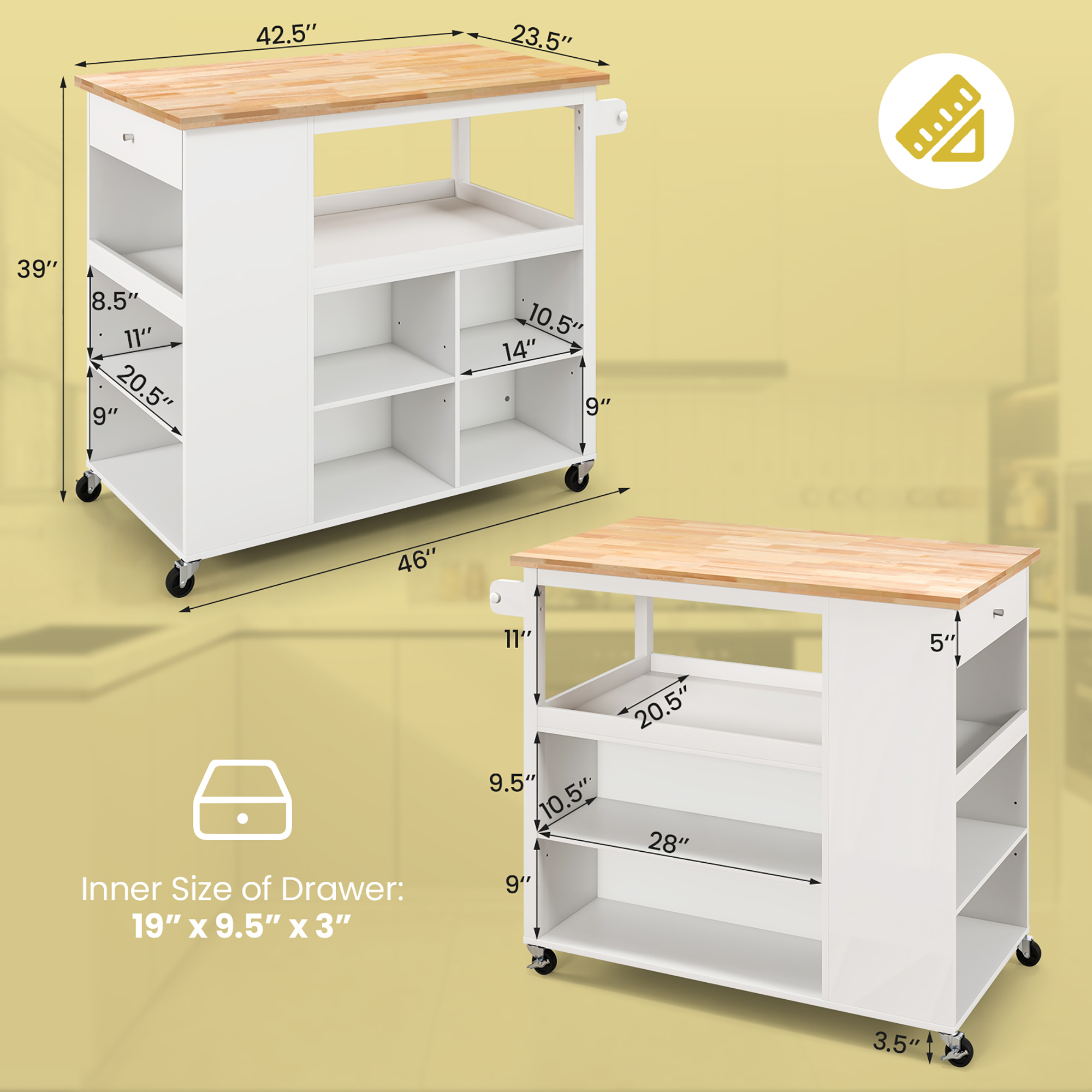 Costway Kitchen Island Trolley Cart on Wheels with Storage Open Shelves & Drawer White