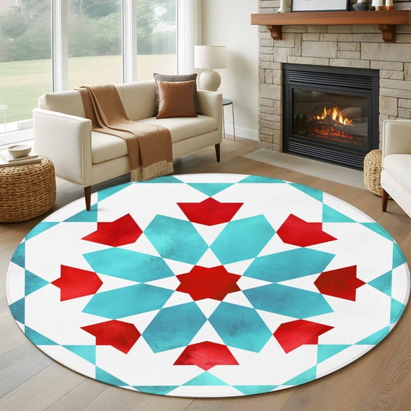 Round Rugs 5Ft, Boho Geometric Round Area Rug Washable Indoor Throw Carpet, Turquoise Red Ethnic Tribal Abstract Pattern Soft Non Slip Circle Rug for Cabinet Bathroom Home Decor Aesthetic