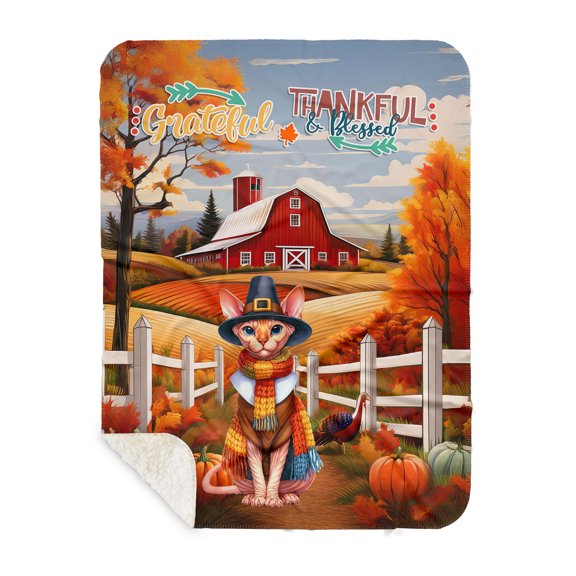 Thanksgiving Sphynx Pilgrim Grateful, Thankful, Blessed Fall Welcome Cozy Sherpa Blanket Cat Lover Kitten Owner Gifts Idea Warm Soft Throw Blanket - 00021