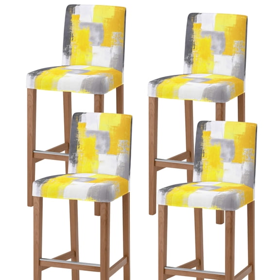 Yellow Grey Oil Painting Bar Stool Cover Set of 4, Abstract Modern Geometric Stretch Bar Chair Cover, Removable Washable Pub Counter Stool Chair Slipcover for Kitchen Dining Room Pub Cafe