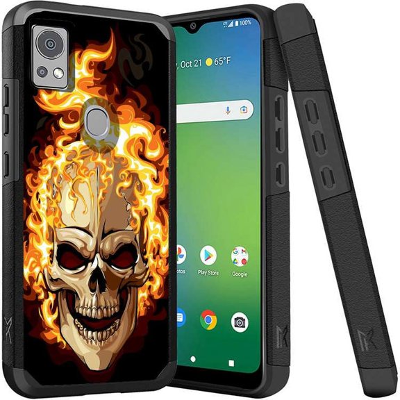 ANJ  Shockproof Dual Layer Slim Hard Case   Tempered Glass Cover Compatible with Icon 5, AT&T Motivate 4 - Fiery Skullcap