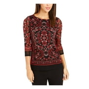 CHARTER CLUB Womens Red Patterned 3/4 Sleeve Jewel Neck Top Petites Size: PP