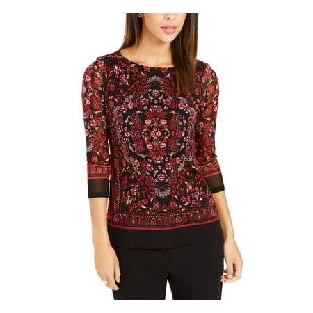 CHARTER CLUB Womens Red Patterned 3/4 Sleeve Jewel Neck Top Petites Size: PP