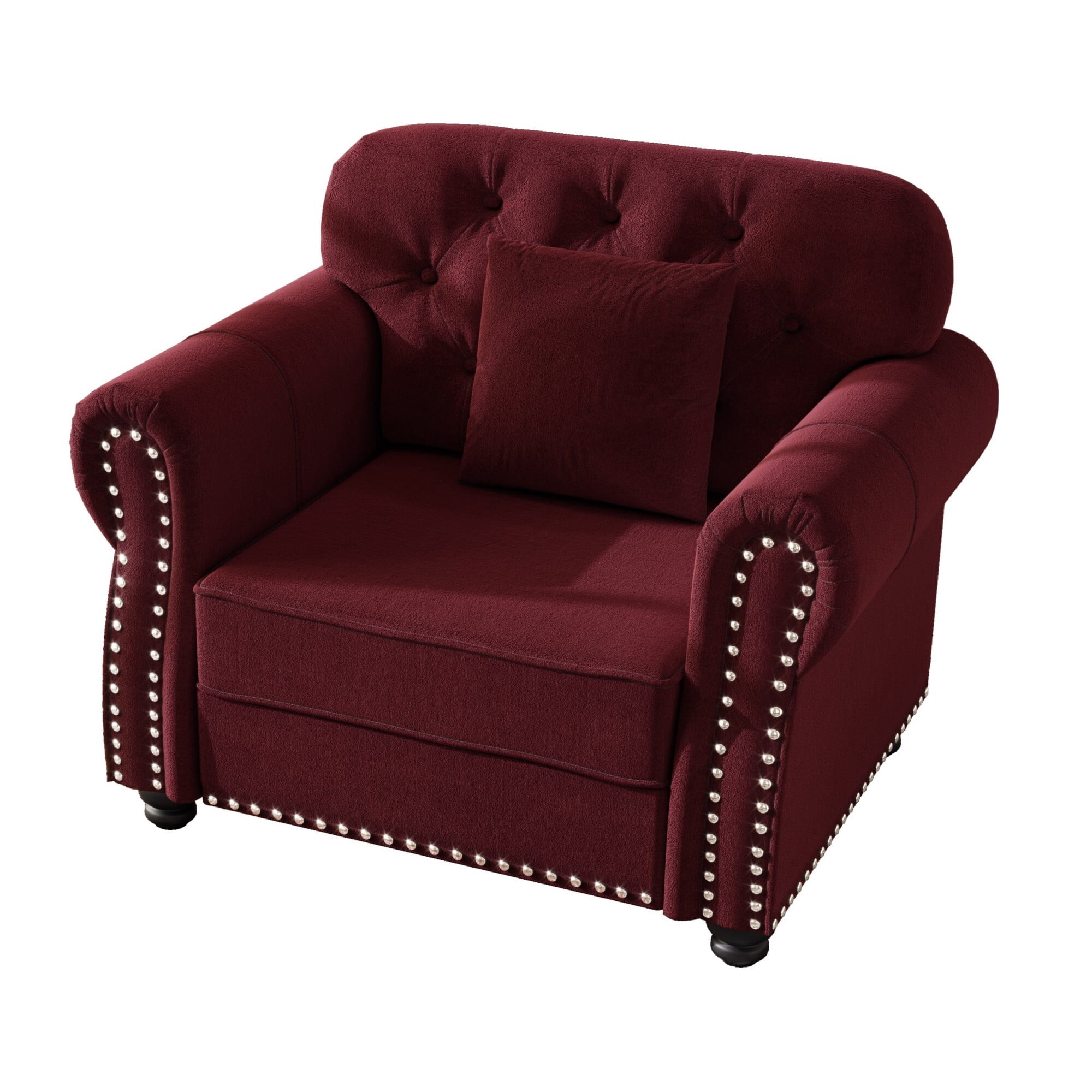 AENKYO 41.3" Chesterfield Velvet Accent Chair, Tufted Single Sofa with Nailhead Trim and Rolled Arms, Burgundy