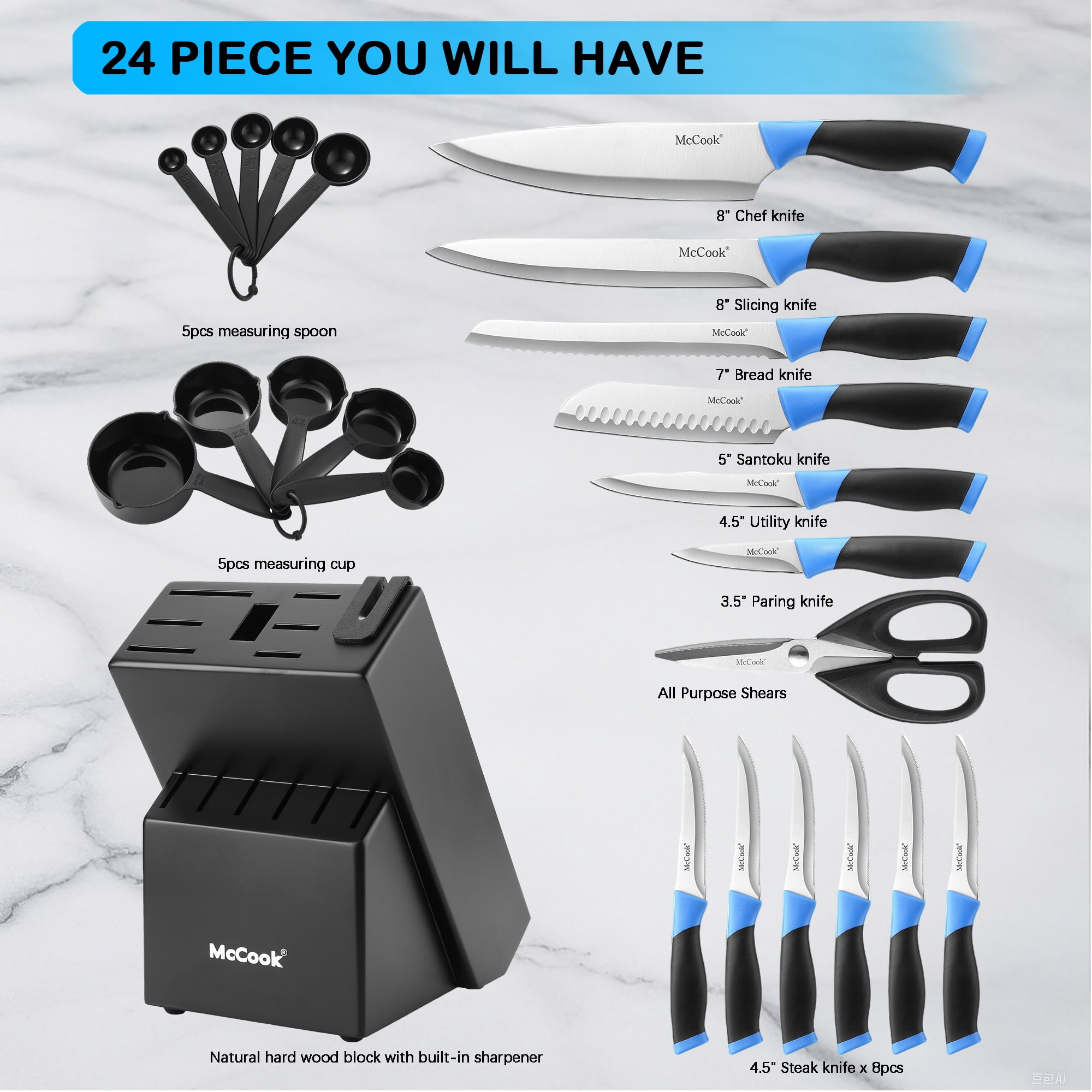 McCook Knife Set For Home, Ultra- Sharp Cutlery Knife Set with Steel Blades for Precise Cutting,Lightweight, Stainless Steel Knife Set with Built-in Knife Sharpener,Measuring Cups and Spoons,24PCS
