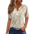 thumbnail image 3 of Floral Print Henley T-Shirt for Women, Short Sleeve V-Neck Button Top - Soft Summer Casual Tee with Slim Fit Beige XL, 3 of 8