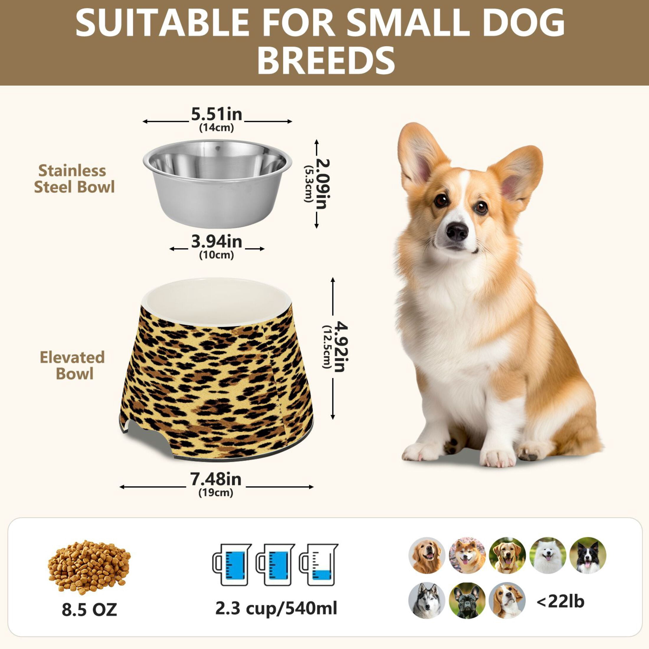 Raised Pet Bowl with Removable Stainless Steel Insert Anti-Slip No-Tip Dog Bowl for Small to Medium Pets Brown Leopard