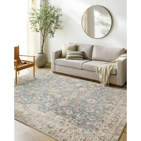 Hauteloom Keona Bohemian Vintage Medallion Area Rug - Damask Floral Fade Look Carpet for Living Room, Bedroom - Farmhouse - Tan, Beige, Blue, Brown - 6'7" x 9' (6x9 Area Rug)