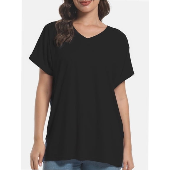 Women's V-Neck Tee Summer Tshirts Casual Short Sleeve Tops Loose Blouse Fit Tunic Soft