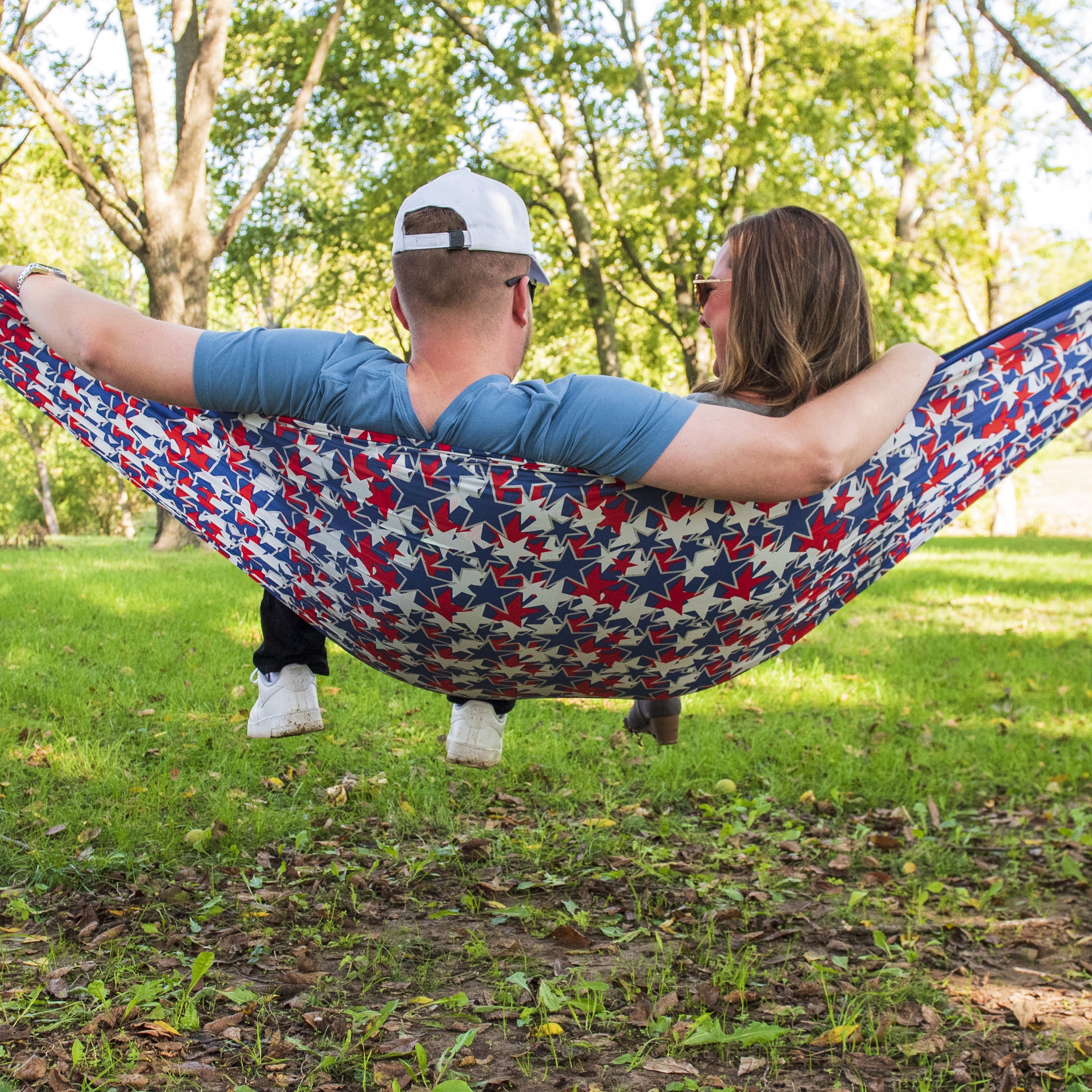 (2 pack) Equip Nylon Camping Travel Hammock, 2 Person, Americana Print With Navy Band, Size 124" L x 77" W