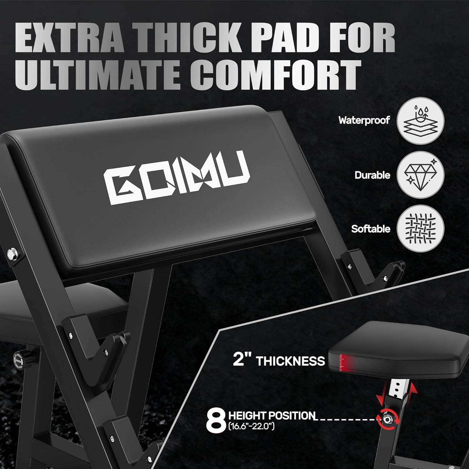 Goimu Preacher Curl Bench, Seated Arm Isolated Barbell Dumbbell Bicep Station, Adjustable Bicep Curl Machine with 3 Bar Holders,Dumbbell Holder for Home Gym