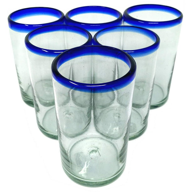 Dos Sueños Hand Blown Mexican Drinking Glasses 6 Glasses With Cobalt Blue Rims 14 Oz Each