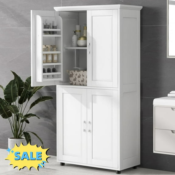 Tcbosik 62.2" Floor Standing Storage Cabinet with Adjustable Shelves, Modern Bathroom Cabinet with Door Rack, Pantry Cabinet for Kitchen, Hallway, Living Room, Dining Room, White