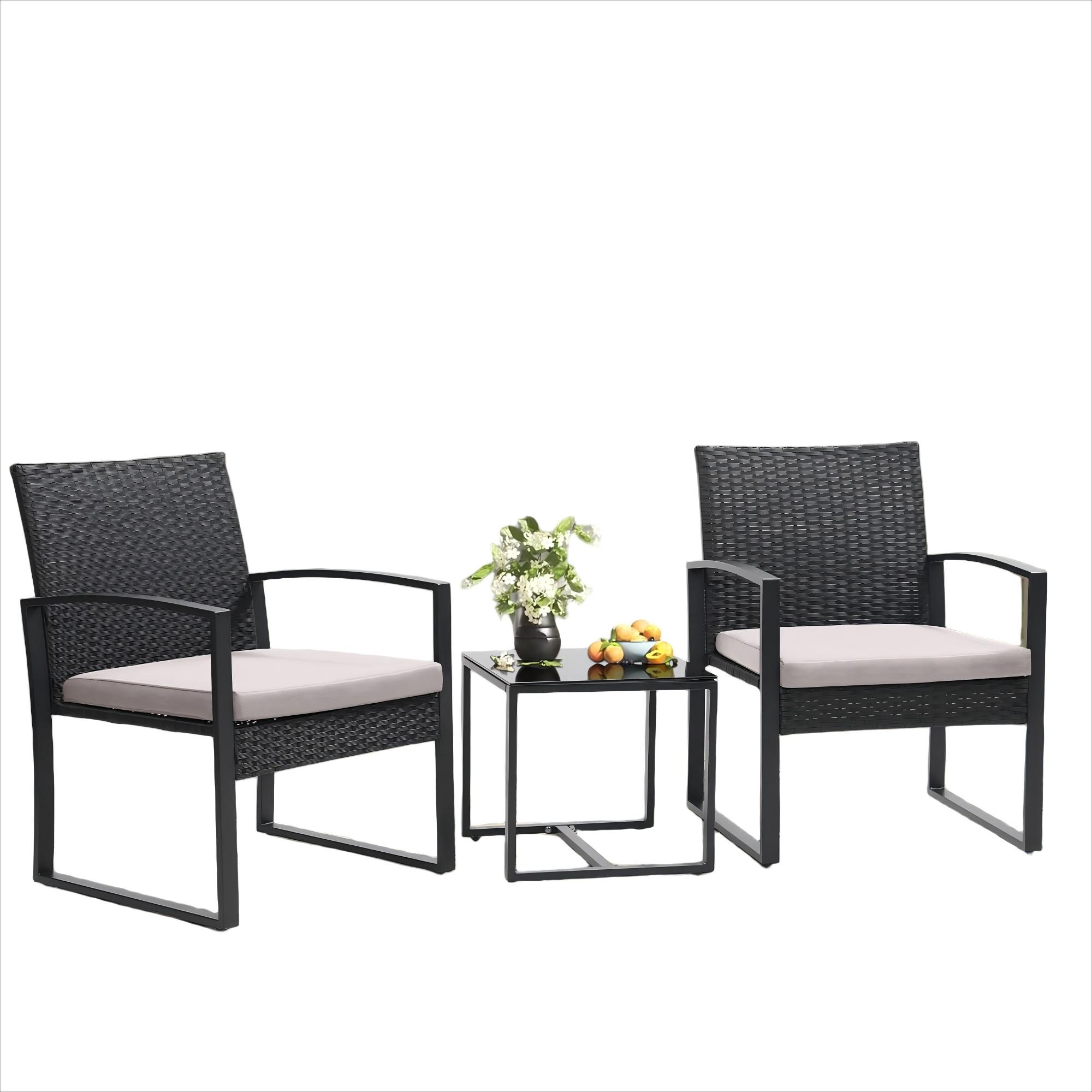 TUAREX 3-Piece Rattan Patio Furniture Set, All-Weather Wicker Bistro Set with Coffee Table and Cushioned Chairs for Garden, Yard, Balcony, Grey