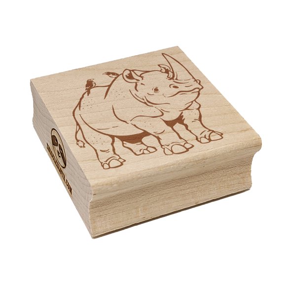 Jolly White Rhinoceros with Bird Friends Square Rubber Stamp Stamping Scrapbooking Crafting - Small 1.25in