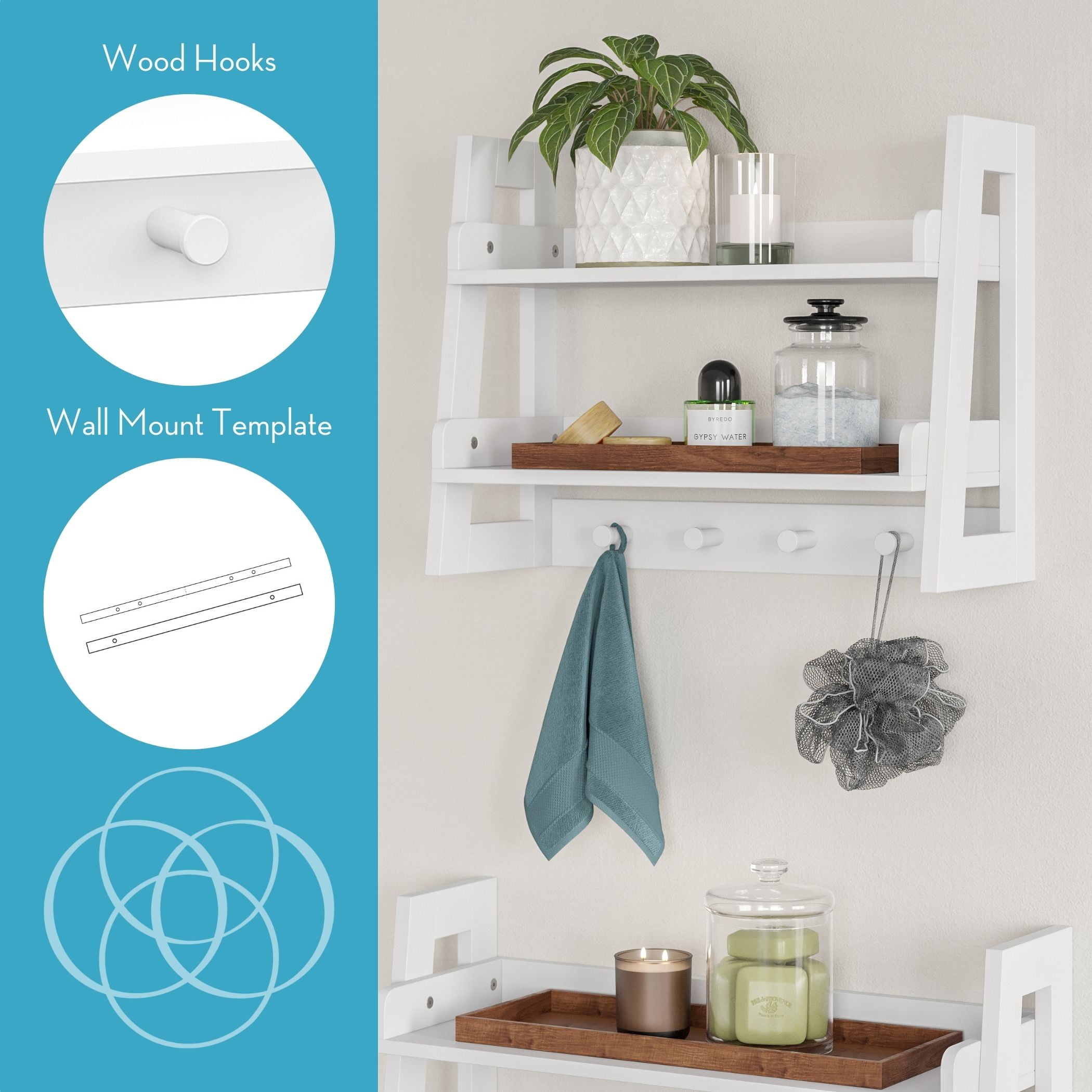 RiverRidge Amery 2-Tier Bathroom Ladder Shelf with Open Storage and Towel Hooks - White