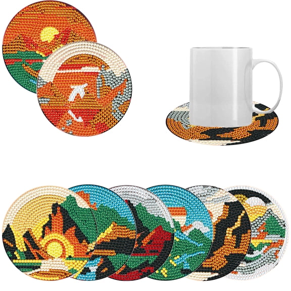 6pcs DIY Diamond Painting Coaster Kit with Landscape Sunset Design and Stand, Ideal for Home Decor and Gift Giving