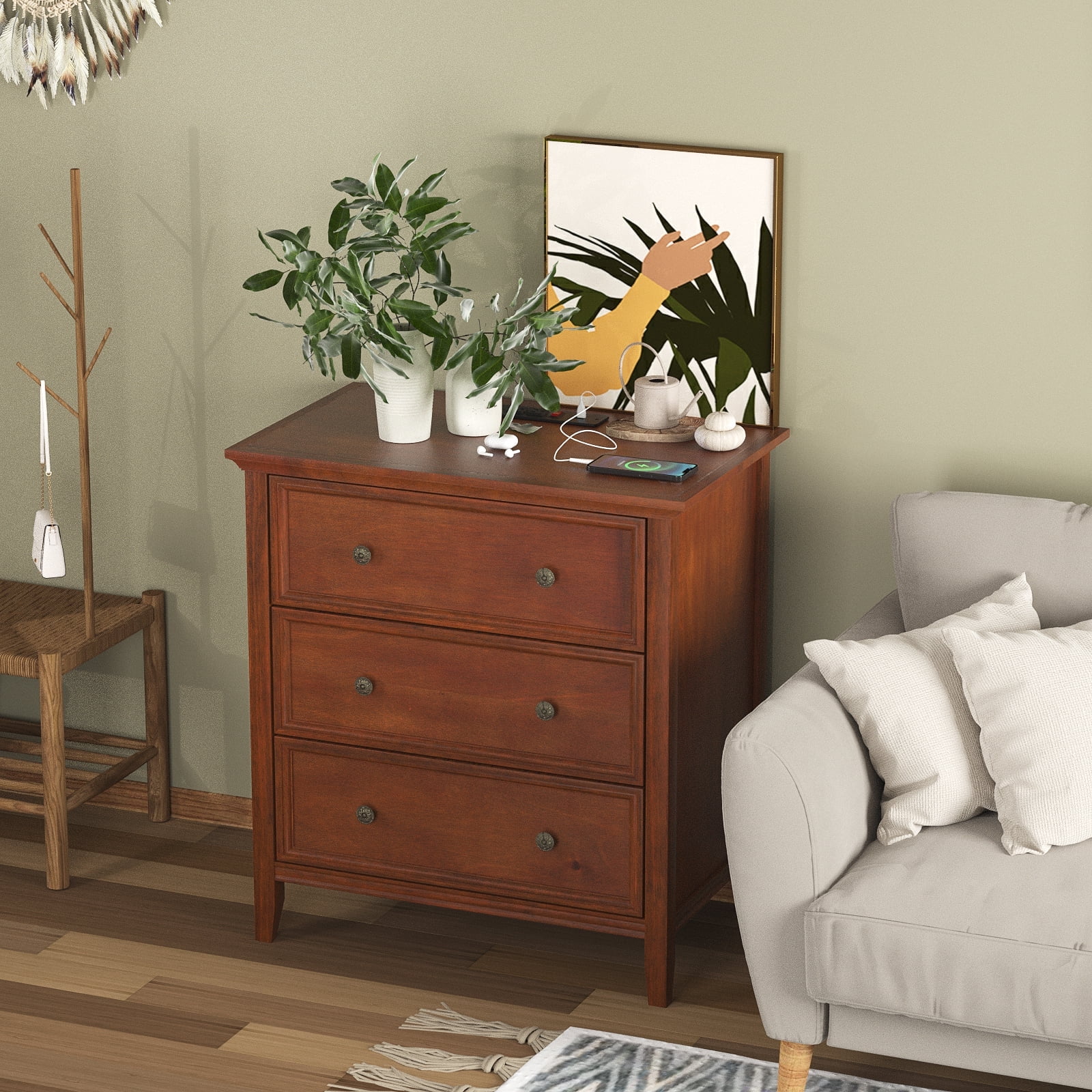 Gacfiew Nightstand with 3 Drawers & Charging Station, Caramel