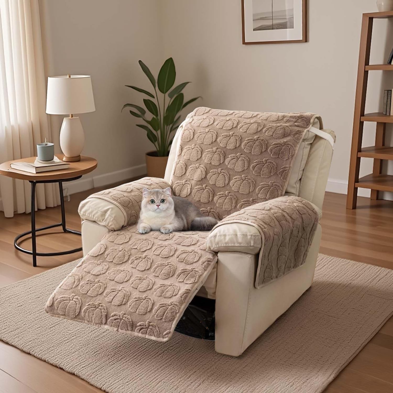 TOPCHANCES Plush Recliner Chair Cover, Faux Rabbit Fur 1-Seater Sofa Cover, Washable Armchair Protector with Adjustable Elastic Belt for 23 Inches Recliner (Khaki)