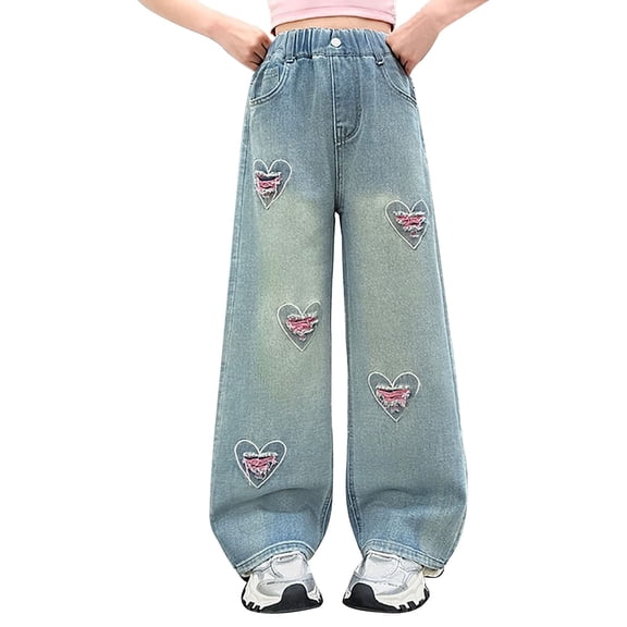 KVPLBQFD Tween Girls Ripped Baggy Jeans Cute Heart Embroidery Denim Pants for Kids Vintage Loose Fit Trousers Teens Casual Spring Summer Clothes