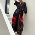 thumbnail image 3 of Defitshape Women's Silk Japanese Robe Summer Floral Bathrobe Luxury Maternity Satin Sleepwear Long Kimono Robe Soft Loungewear Red Black One Size, 3 of 5