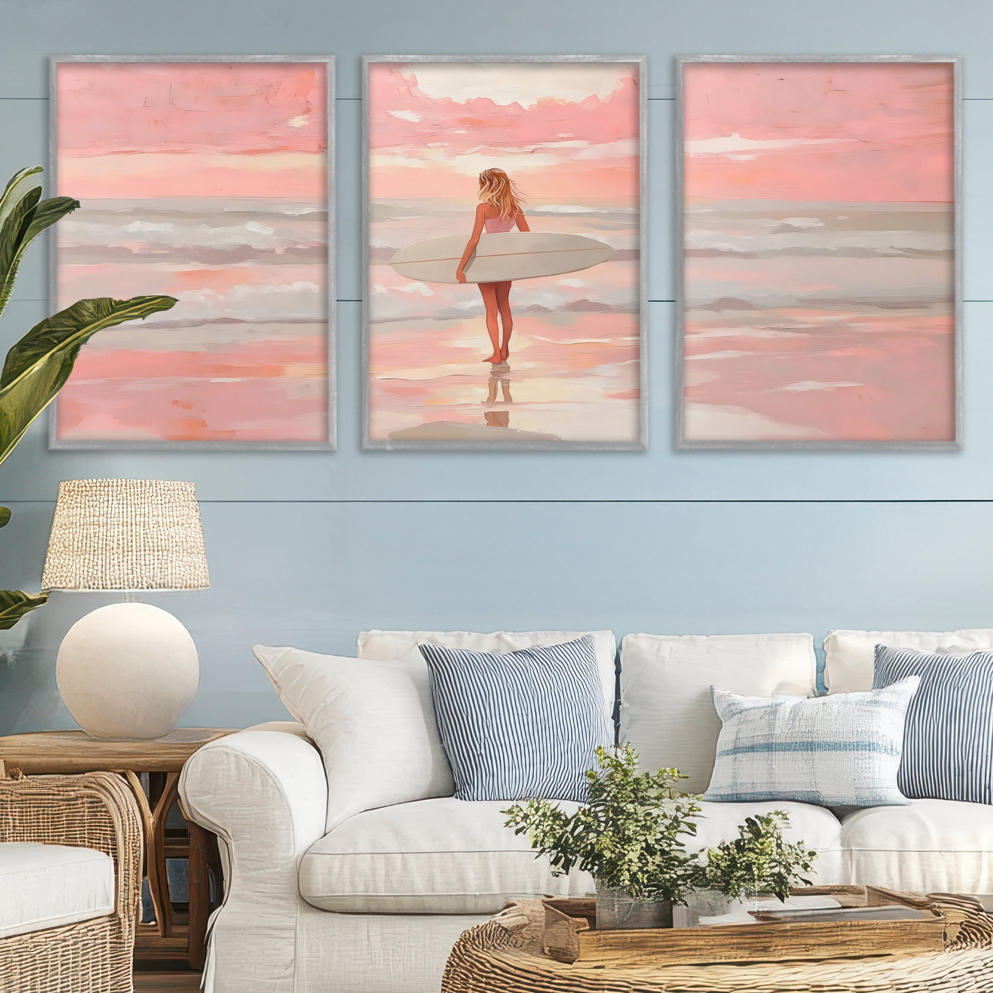 Stupell Industries Pink Sky Surfer Sunrise 3 Piece Gray Framed Giclee Art Set, design by LSR Design Studio