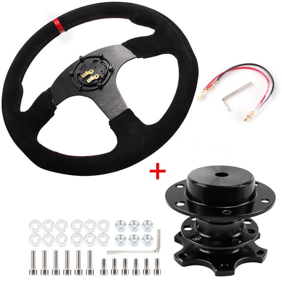 14" Racing Suede Leather Steering Wheel With Horn Button & Quick Release Kit