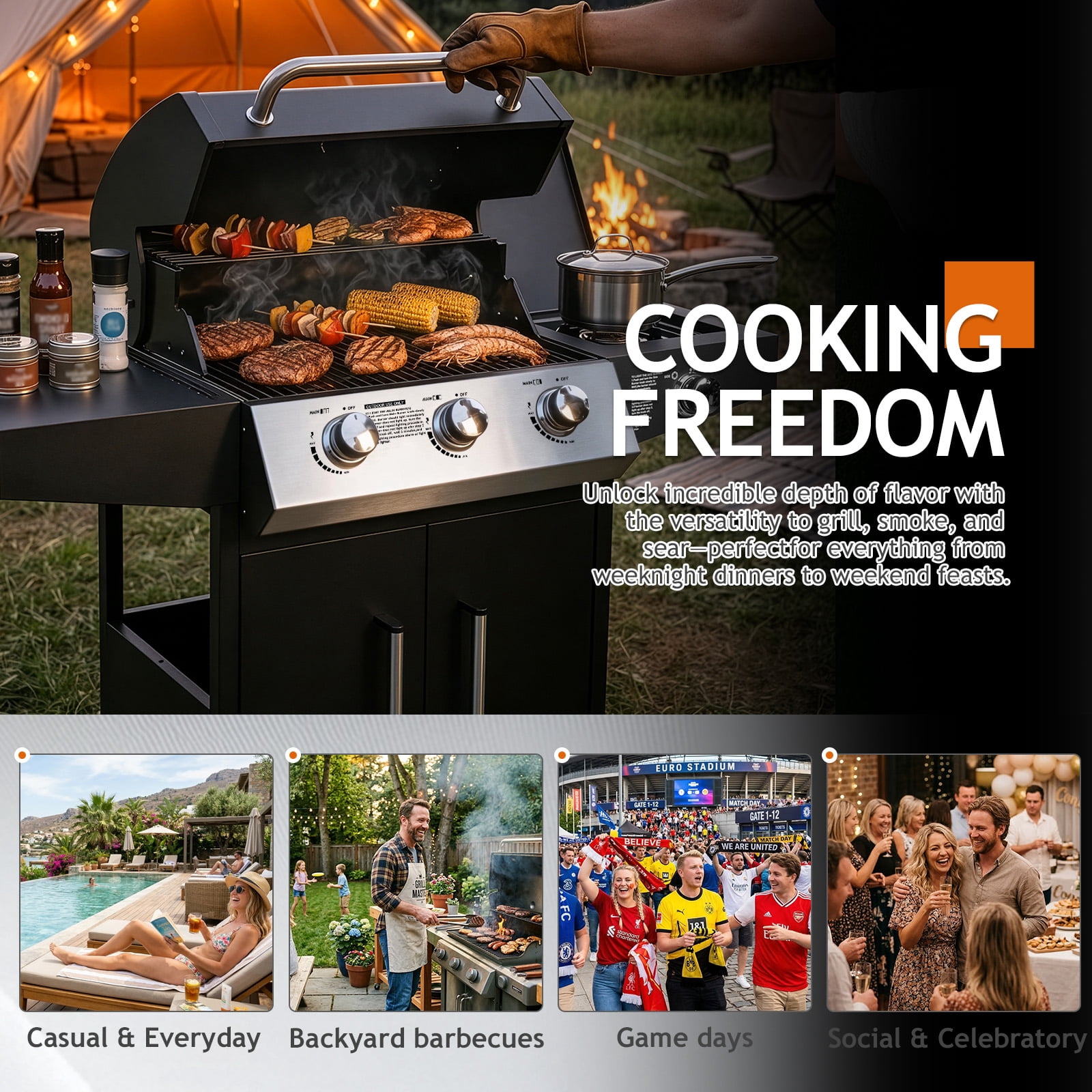 UBesGoo 3 Burner Propane Gas Grill with Side Burner 46000BTU for Camping Cooking BBQ