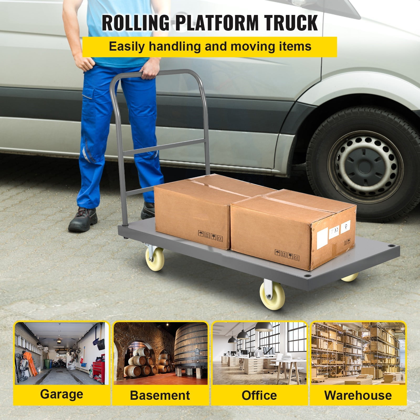 VEVOR Platform Truck, 2000 lbs Capacity Steel flatbed Cart, 47" Length x 24" Width x 32" Height Flat Dolly, Hand Trucks with 5" Nylon Casters, Heavy-Duty Utility Push Carts for Luggage Moving