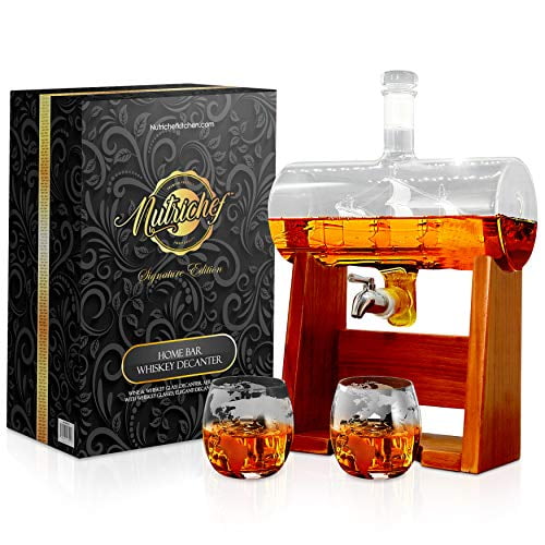 NutriChef Glass Whiskey Decanter with Glasses -1100ml Barrel Whiskey Carafe Alcohol Decanter Set, Lead Free Decanter w/Spigot, Stopper & Base, for Brandy Wine Cognac Rum Gin Scotch Bourbon -NCGDS08