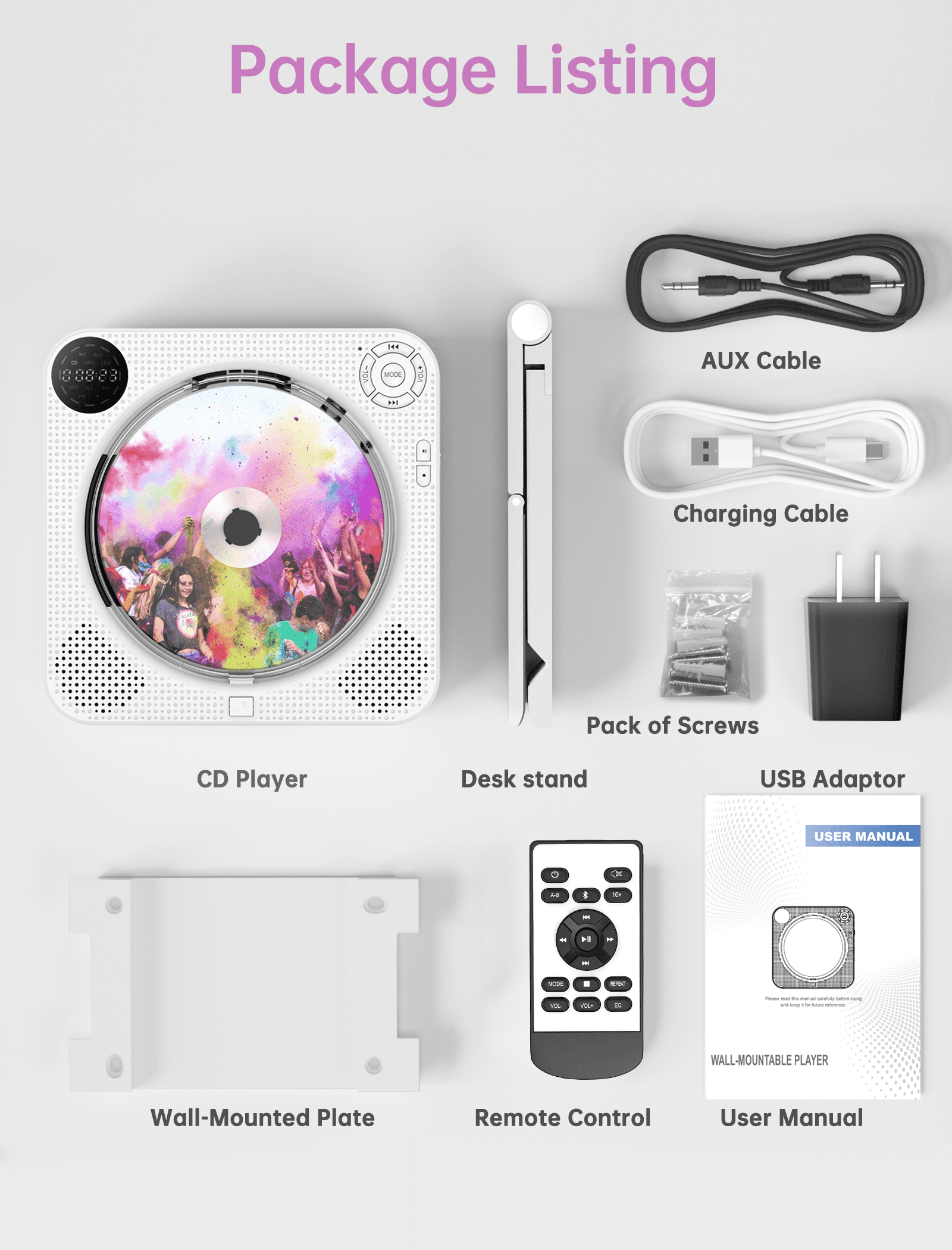 CD Player Portable Bluetooth Wall Mountable Desktop CD Player with Hifi Sound Speakers, Remote Control, Dust Cover, LED Display, Support FM Radio Wireless, AUX in Cable&USB,Repeat