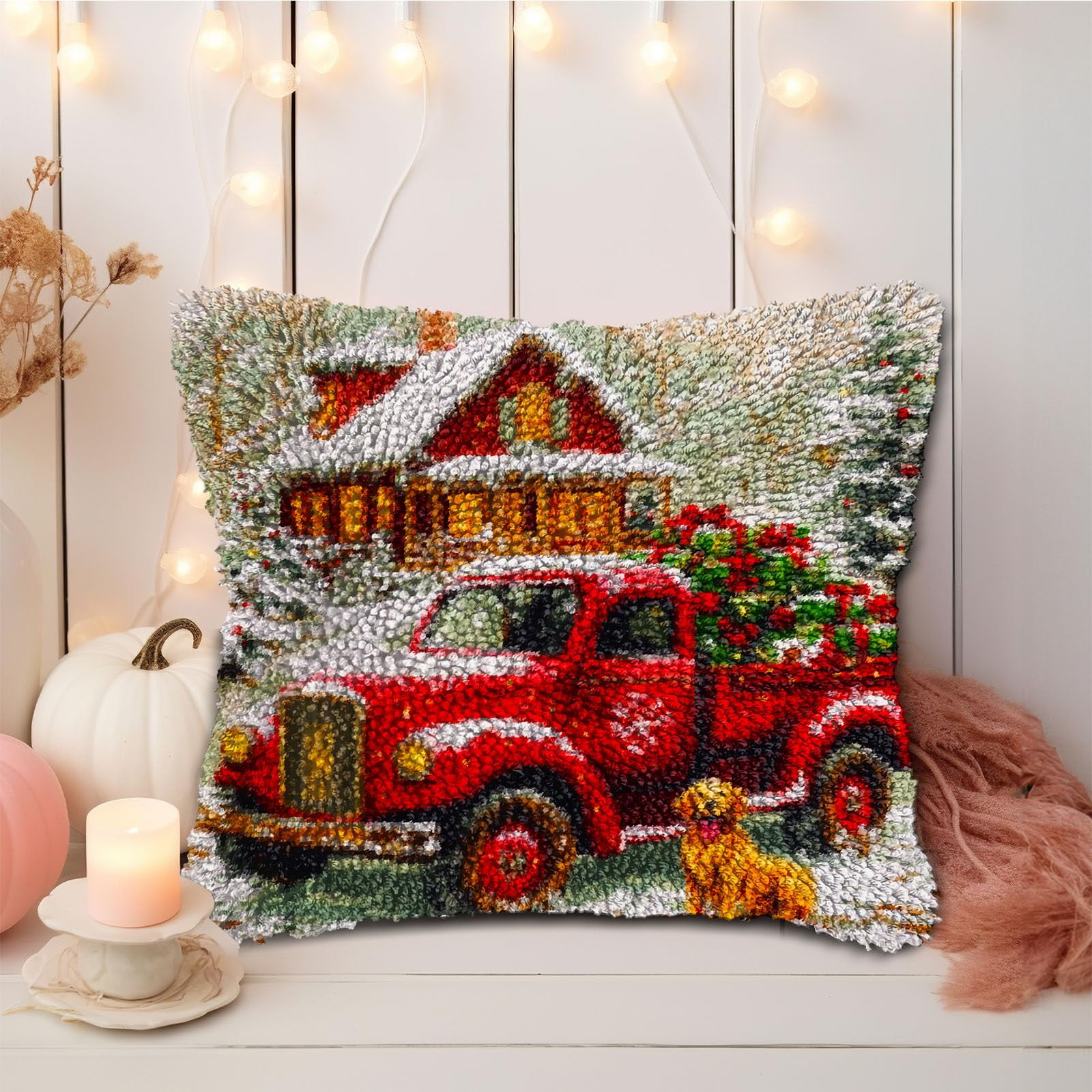 DIY Latch Hook Pillow Kits Red Truck with Christmas Trees Printed Pillowcase Crochet Yarns Hooking Handmade Pillow Cover Cushion for Home Sofa Decoration 17x17inch-2