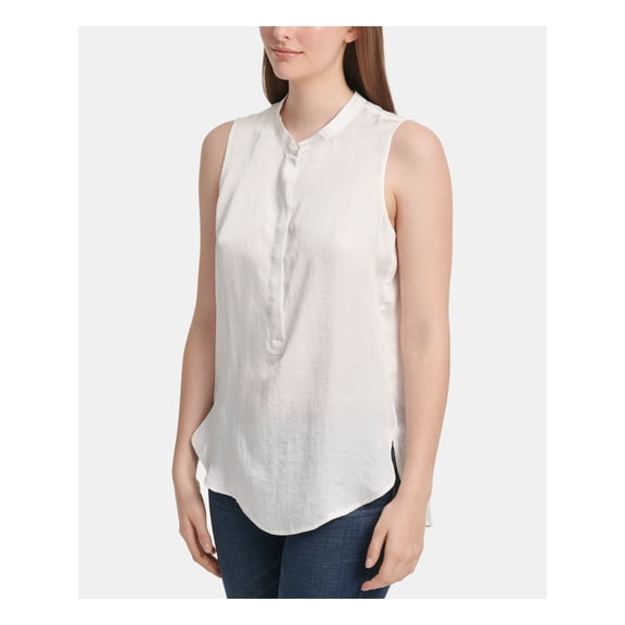 DKNY Womens White Sleeveless Mandarin Collar Hi-Lo Top Size: M
