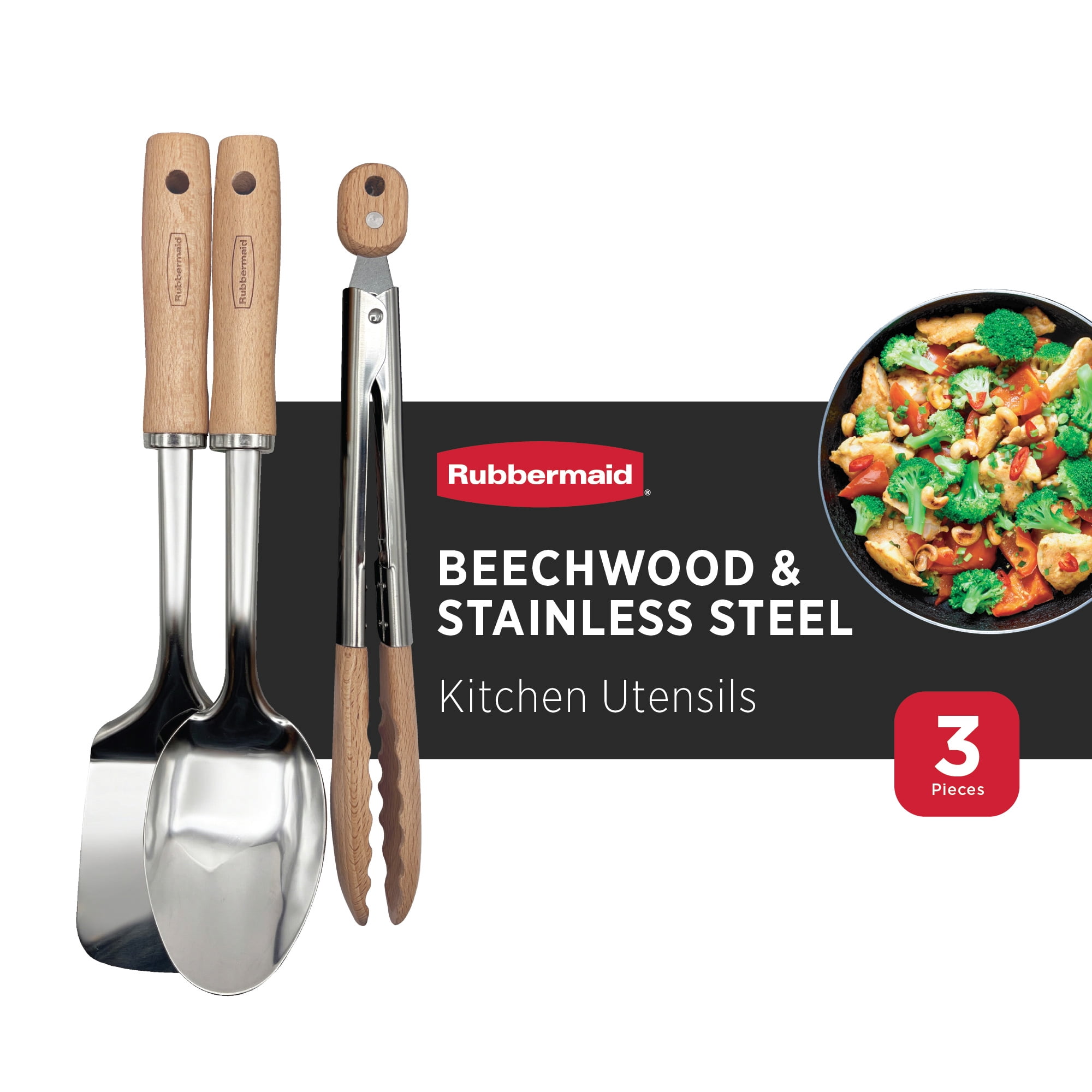 Rubbermaid 3 Pc Kitchen Utensil Set – Durable Stainless Steel Cooking Utensils with Rubberwood Handles | Solid Spoon, Turner Spatula, Tongs for Everyday Meal Prep & Organized Kitchen