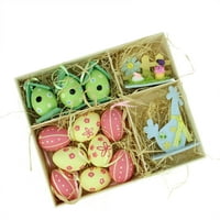 Set of 13 Pink Blue Green and Yellow Easter Egg Birdhouse and Rooster Spring Decorations