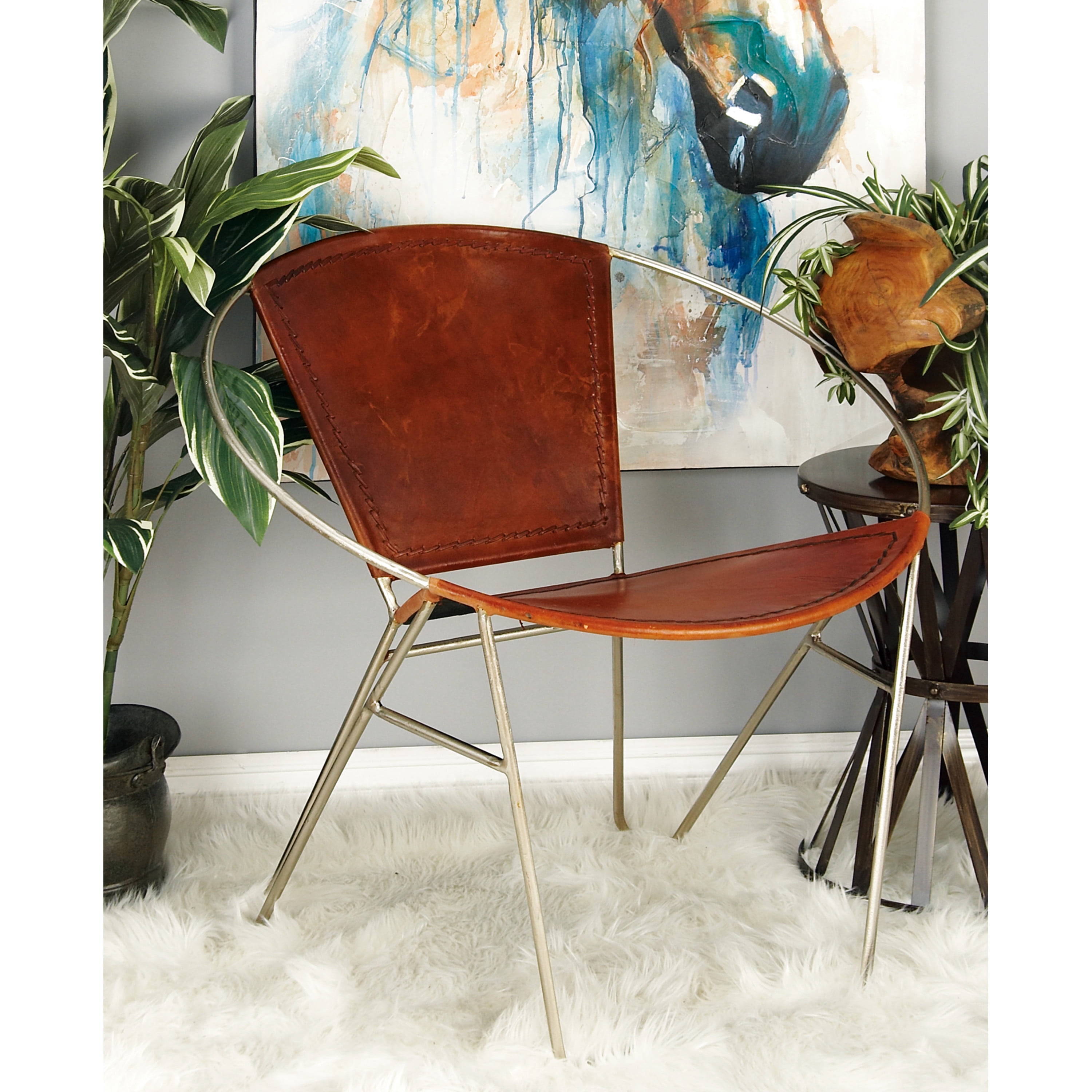 DecMode Leather Lounge Chair with Silver Frame, Brown, Set of 2
