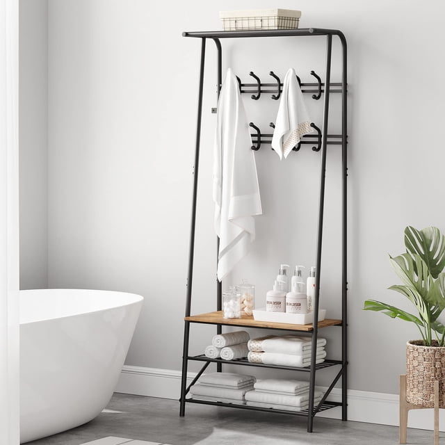 BeesClover Wooden Coat Rack with Shoe Bench, Sturdy Shoe Rack Organizer for Hallway, Mudroom, Bedroom