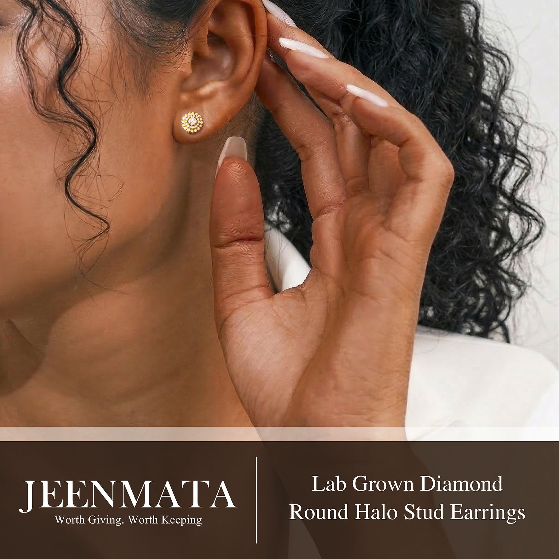 JeenMata Lab Grown Diamond Halo Stud Earrings - Round Cut Stud Earrings for Women in Yellow Gold Plating
