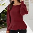 thumbnail image 2 of Essentials Womens Tees Tops Basic Shirts Elegant Solid Ribbed Knit Long Puffed Sleeves Ruffle Hem Slim Y2k Clothes, 2 of 5